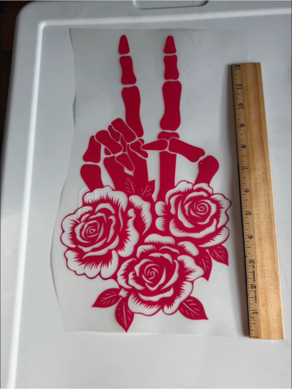 Pink Skeleton Peace Sign with Roses transfer